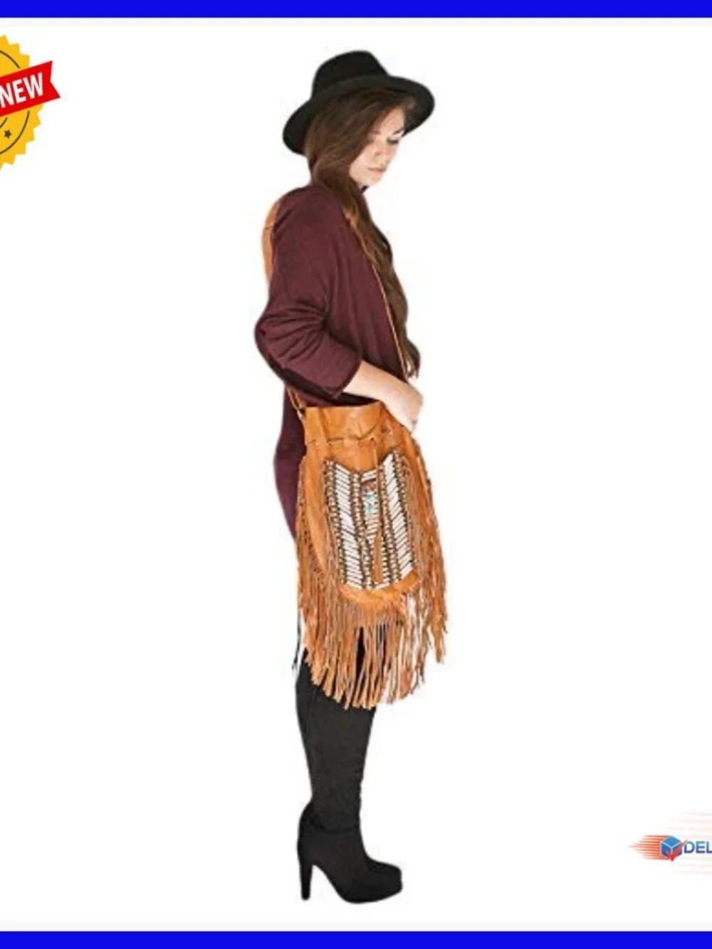 Real Leather Hobo Bag with Fringe Adjustable Strap Round Shape
